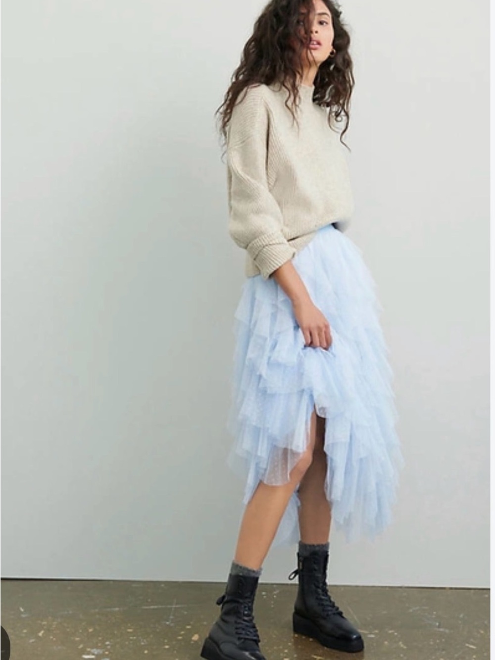 Anthropologie Chéri Ruffled Tulle Midi Skirt Light Blue M